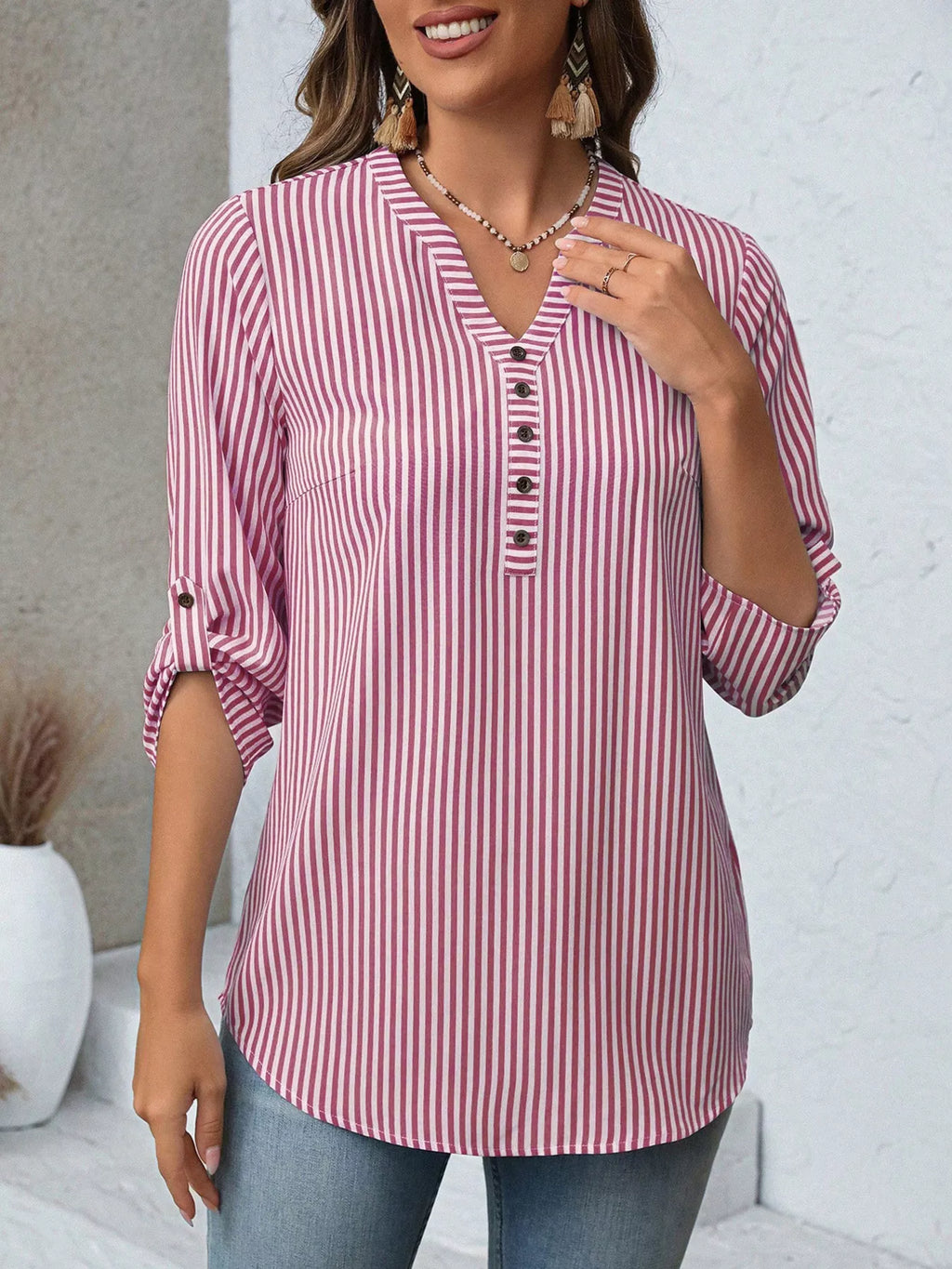 Women's Striped V-Neck Roll-Up Sleeve Blouse - Red Stripe