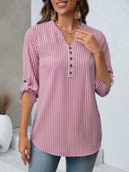 Women's Striped V-Neck Roll-Up Sleeve Blouse - Red Stripe