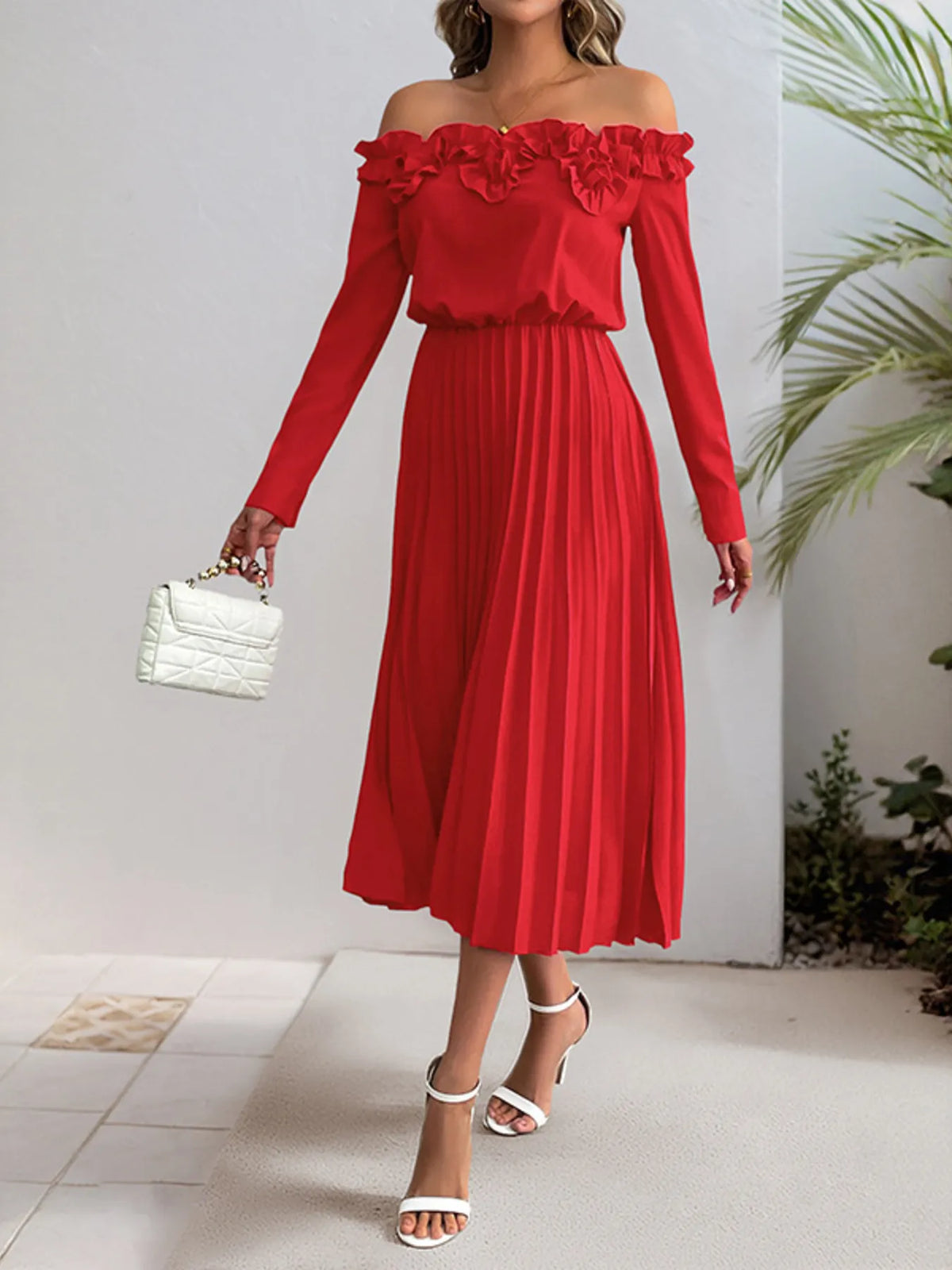 Women's Pleated Off-Shoulder Ruffle Midi Dress