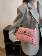 Women's Studded Flap Shoulder Bag with Chain - Pink