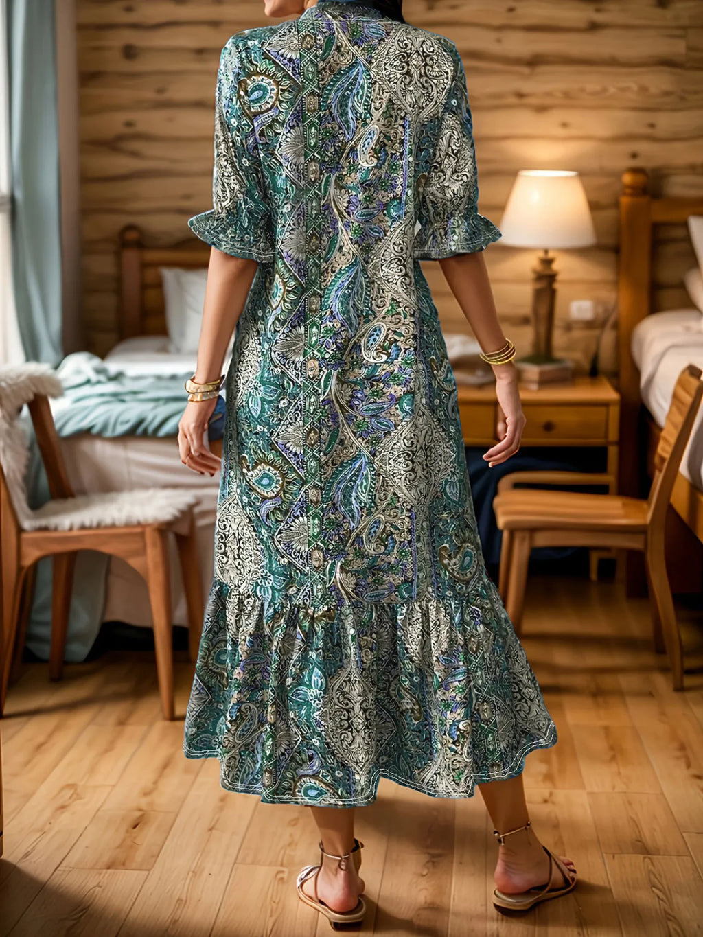 Women's Boho Paisley Midi Dress with Ruffle Hem