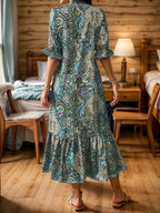 Women's Boho Paisley Midi Dress with Ruffle Hem