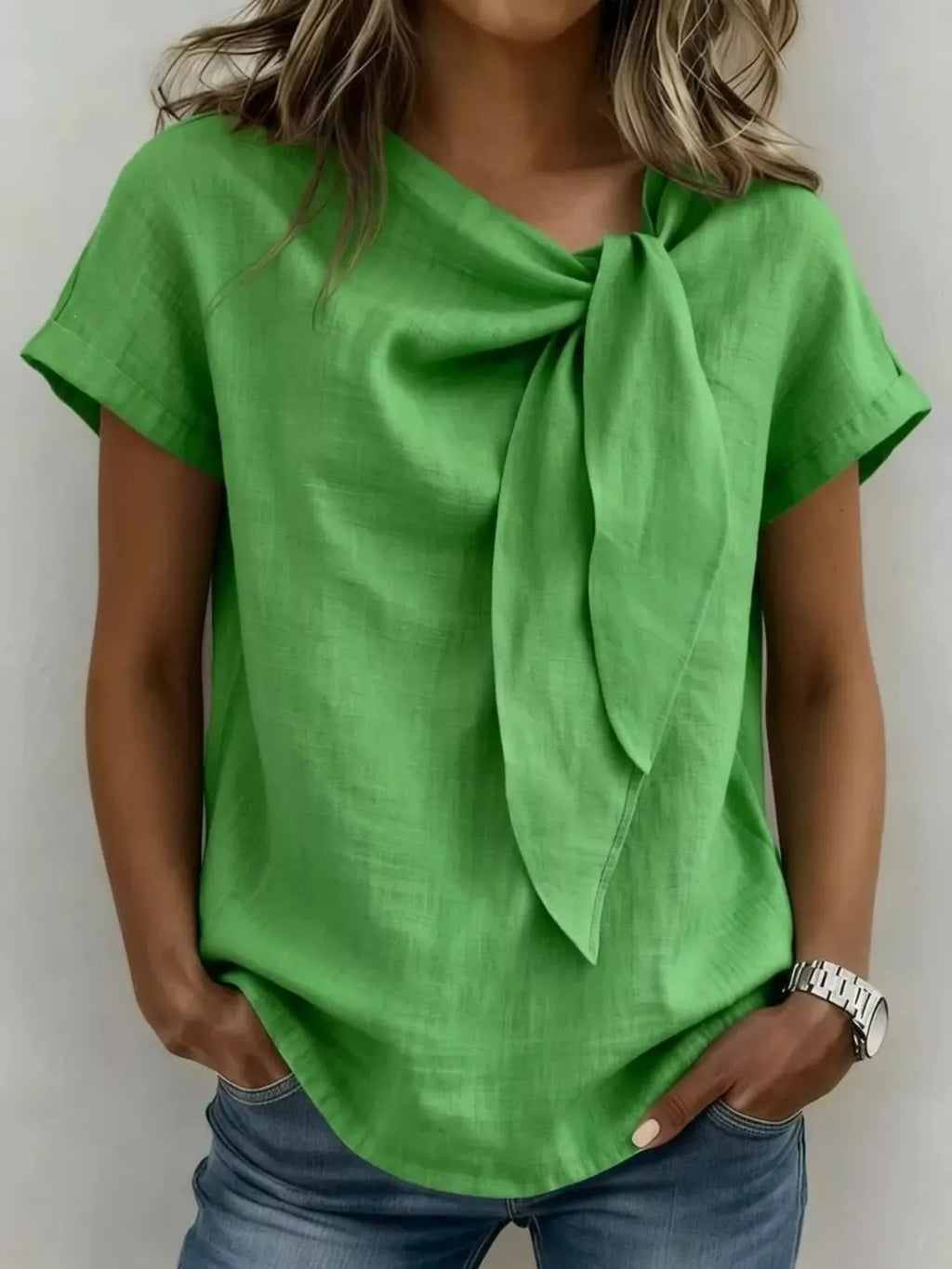 Women's Plus Size Tie-Neck Short Sleeve Blouse - Green
