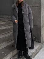 Women's Long Belted Puffer Coat - Dark Gray