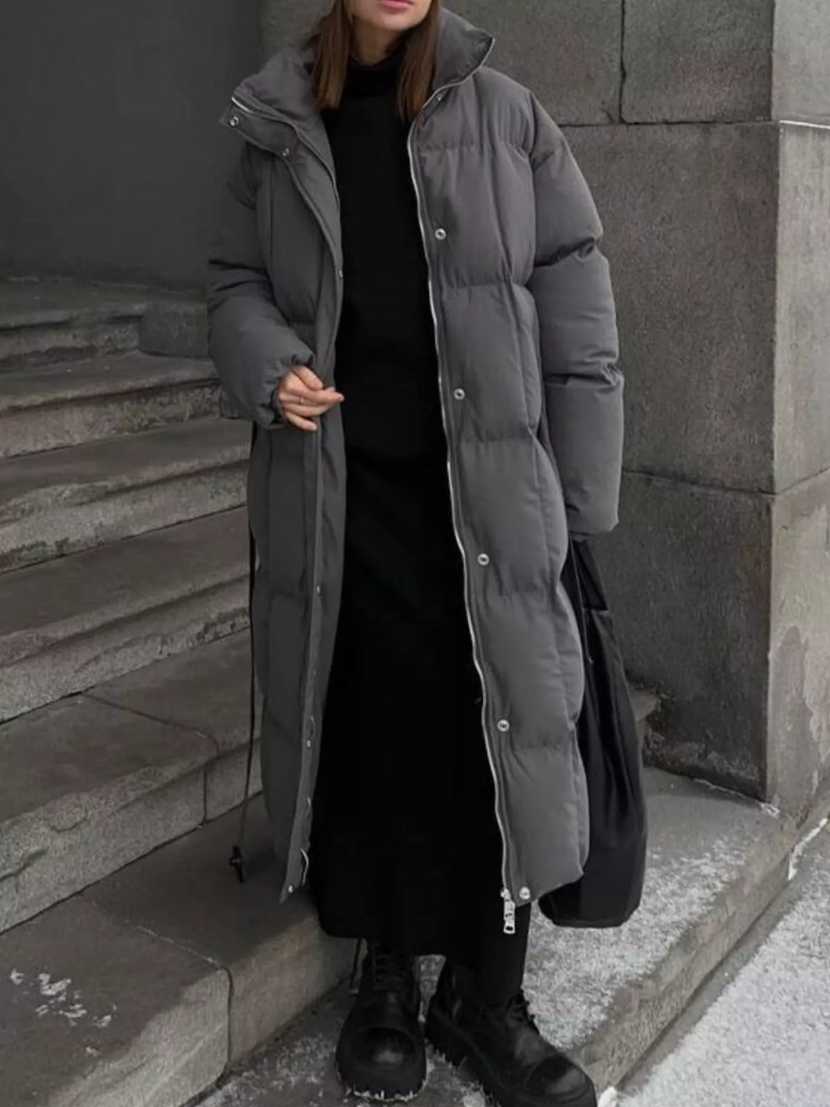 Women's Long Belted Puffer Coat - Dark Gray
