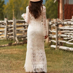 Women's White Boho Lace Fringe Maxi Dress V-Neck Fall Wedding Guest