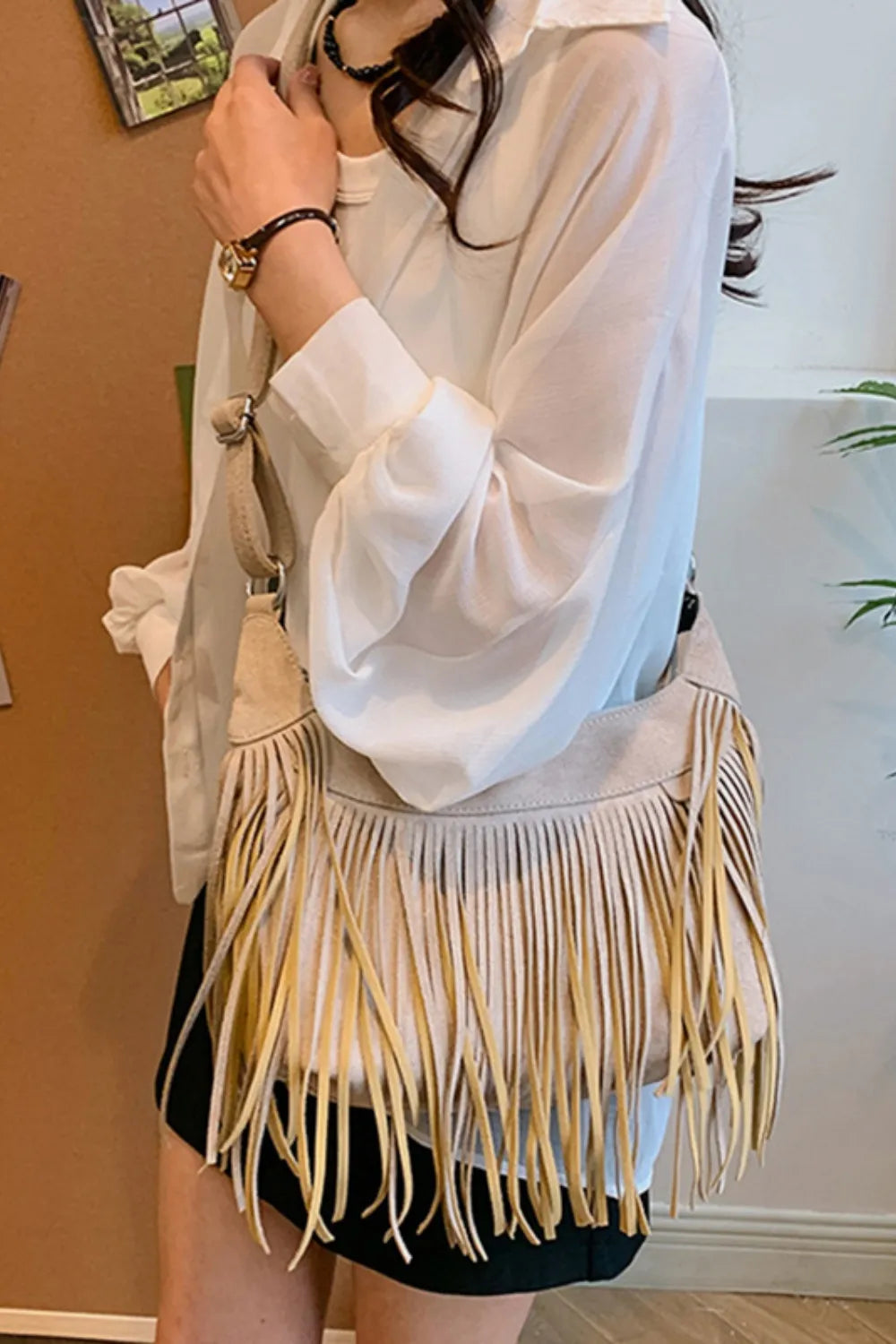 Women's Suede Fringe Shoulder Bag with Adjustable Strap