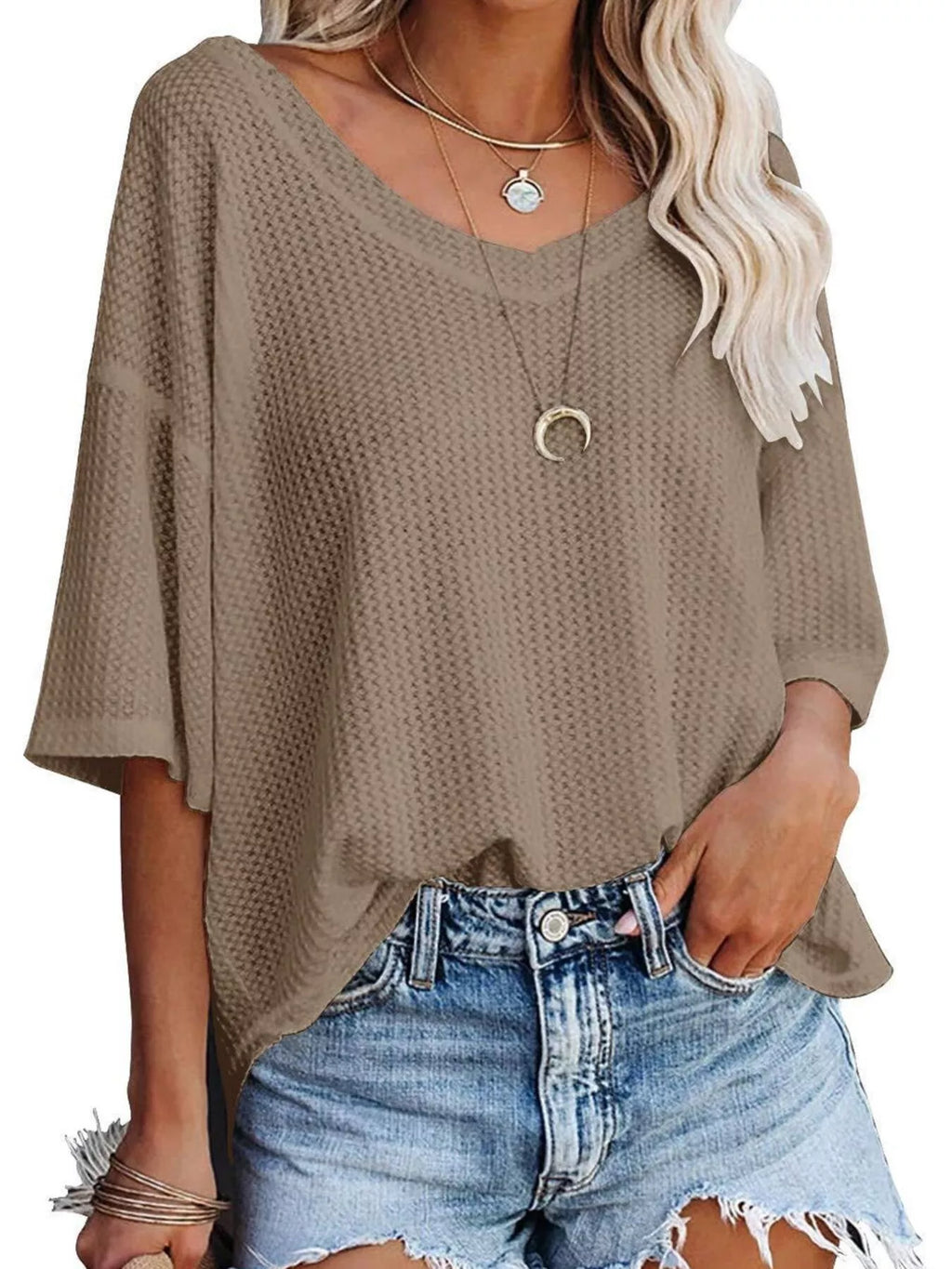 Women's Waffle Knit V-Neck Short Sleeve T-Shirt - Khaki