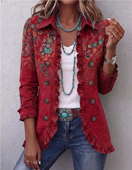 Women's Pleated Ruffle Office Blazer - Boho Red