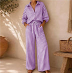 Women's Striped Shirt and Pants Set - Purple