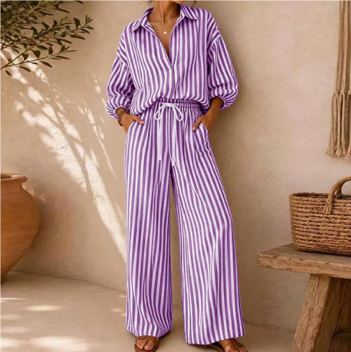 Women's Striped Shirt and Pants Set - Purple