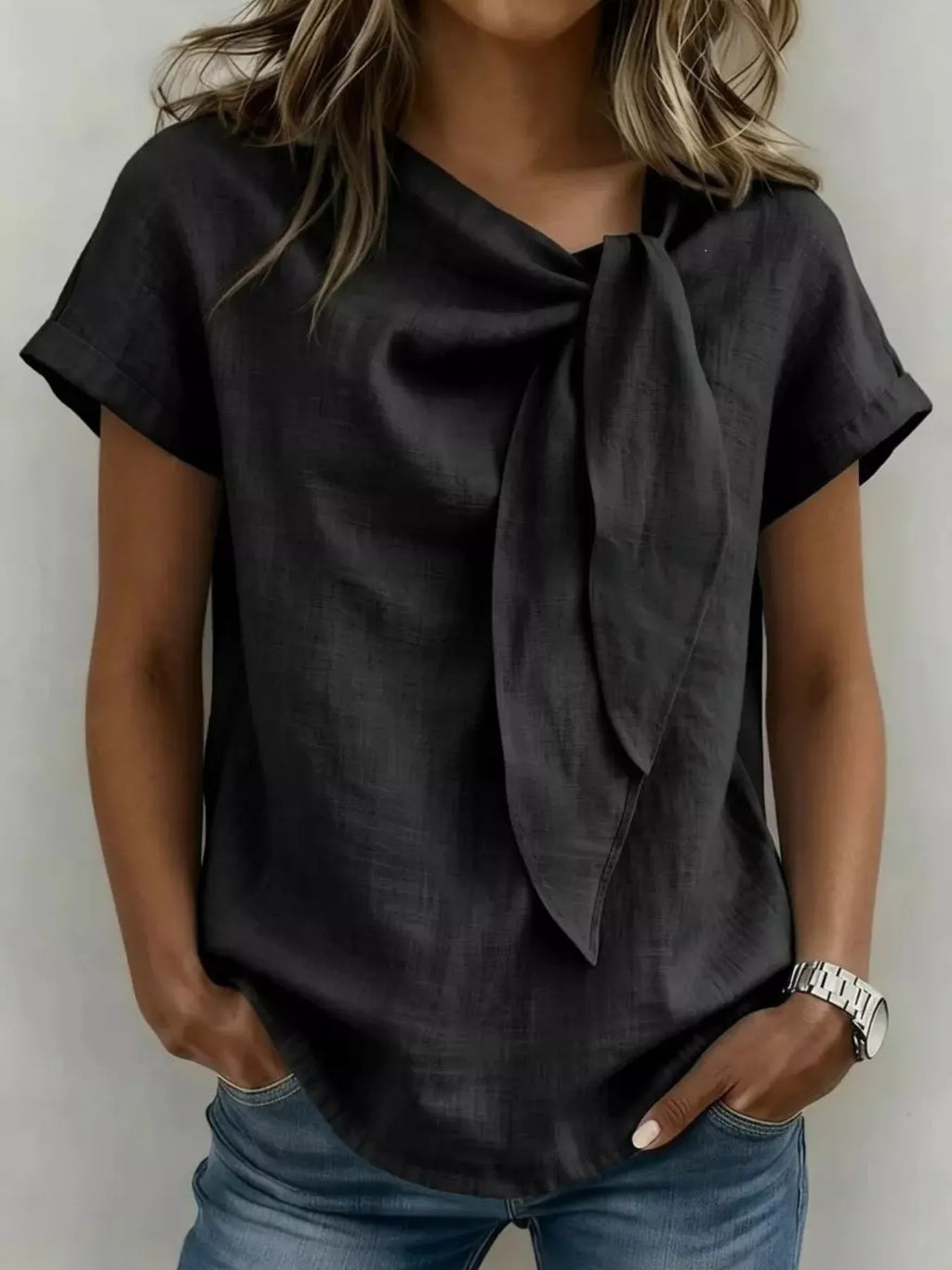 Women's Plus Size Tie-Neck Short Sleeve Blouse - Black