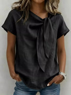 Women's Plus Size Tie-Neck Short Sleeve Blouse - Black