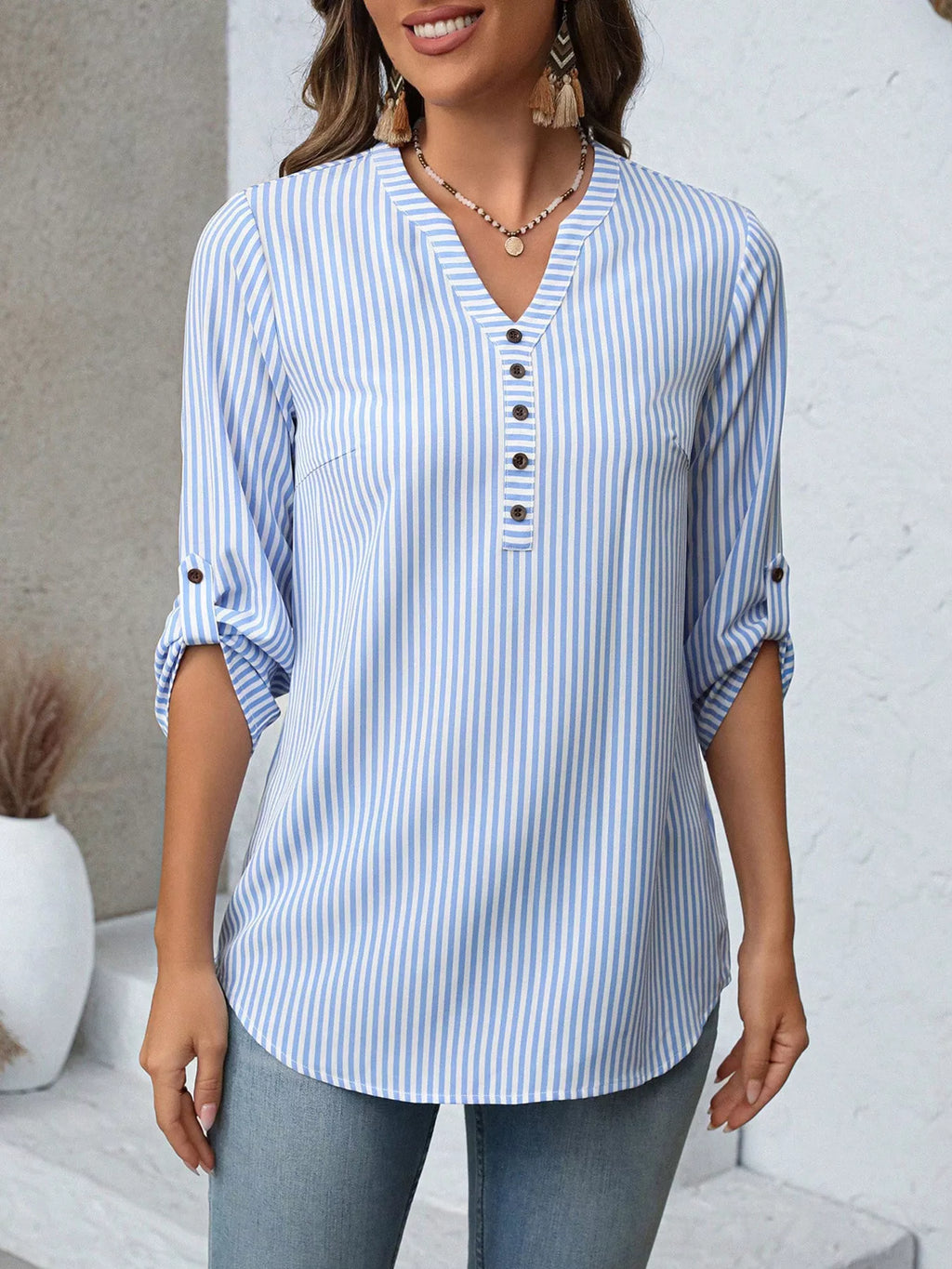 Women's Striped V-Neck Roll-Up Sleeve Blouse