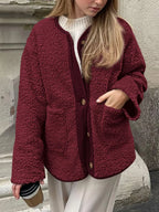 Women's Two-Tone Sherpa Button-Up Jacket with Pockets