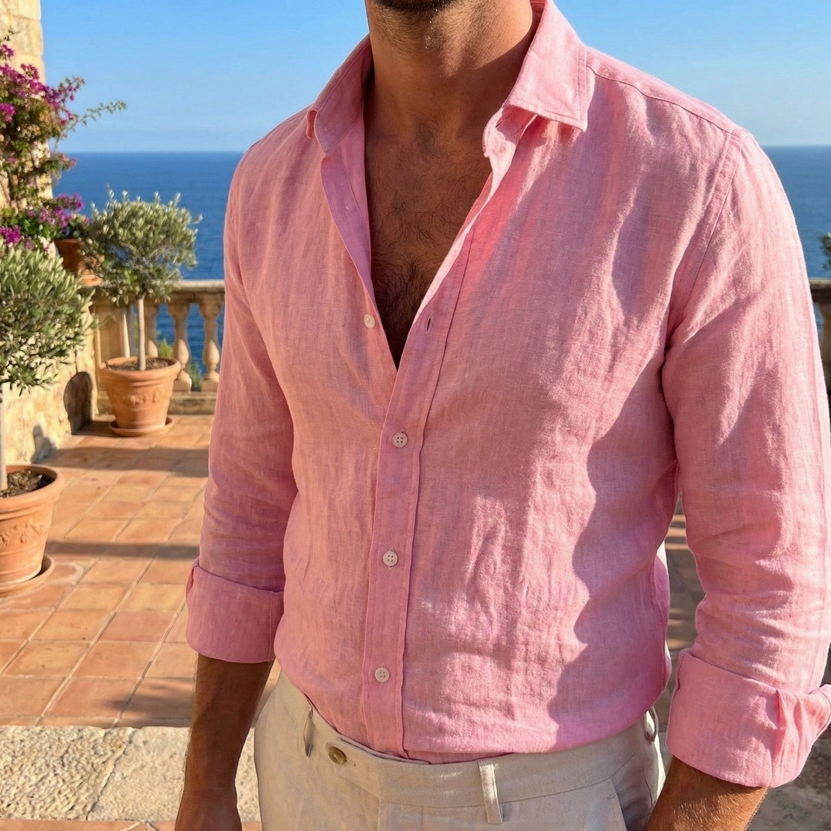 Men's Relaxed Fit Long Sleeve Linen Shirt