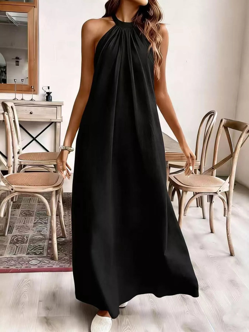 Women's Halter Neck Maxi Dress - Black