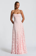 Women's Elegant Floral Evening Wedding Guest Dress with Lace-Up Back - Pink