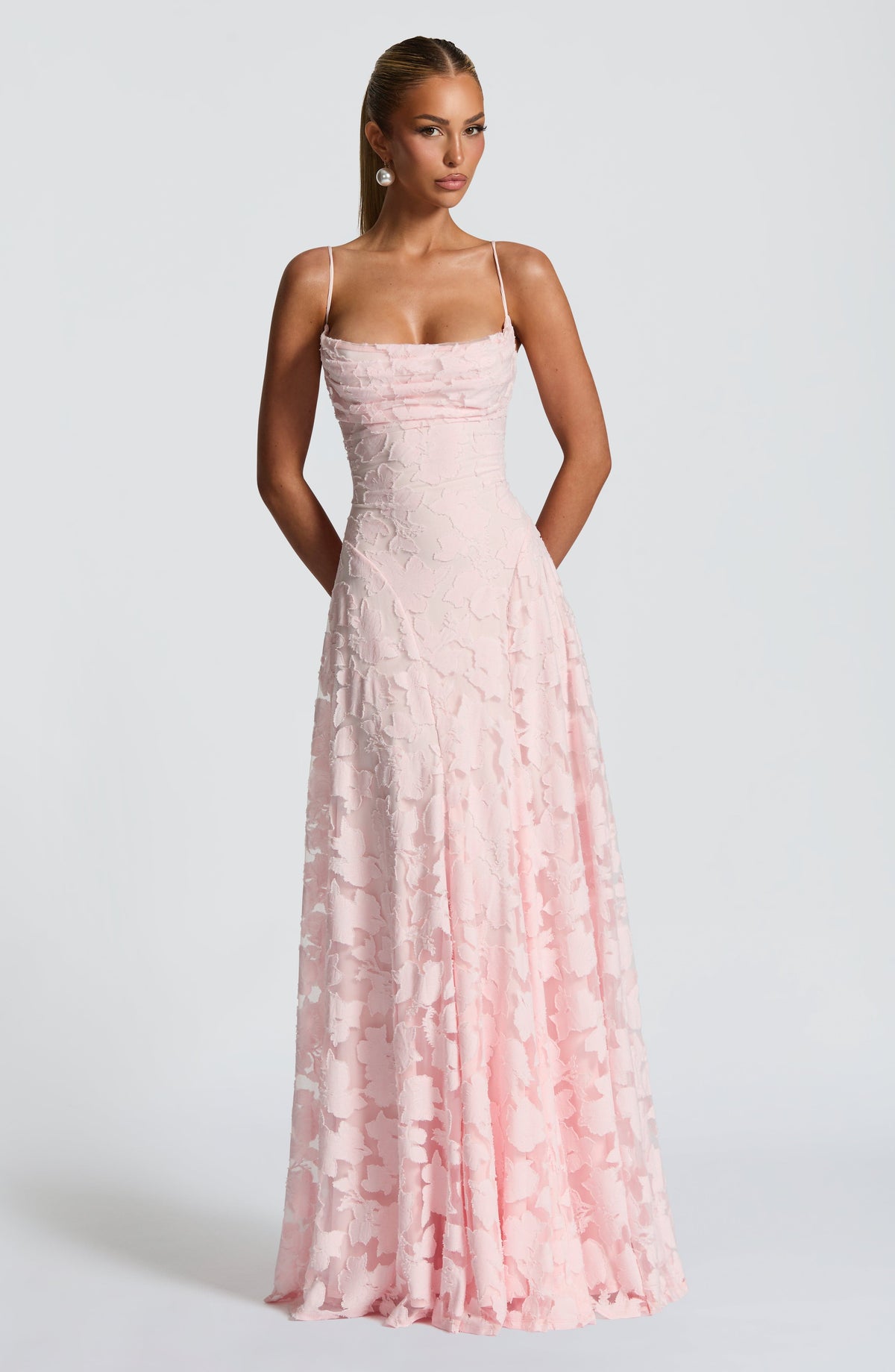 Women's Elegant Floral Evening Wedding Guest Dress with Lace-Up Back - Pink