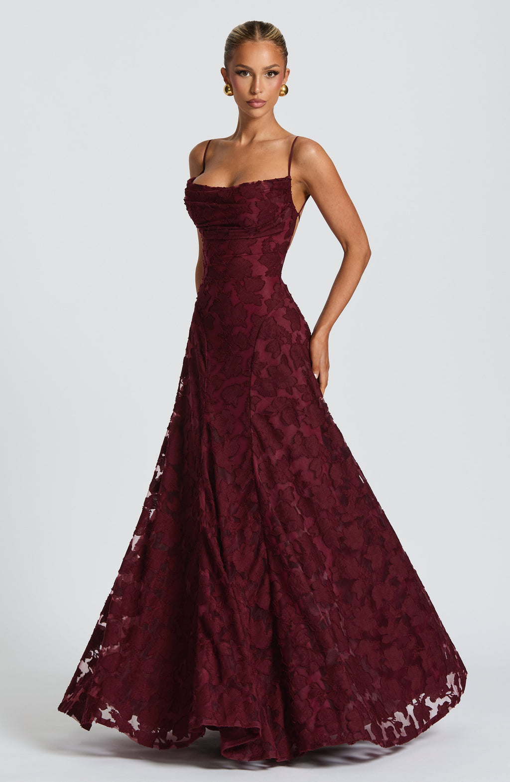 Women's Elegant Floral Evening Wedding Guest Dress with Lace-Up Back - Burgundy