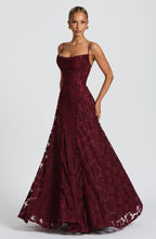 Women's Elegant Floral Evening Wedding Guest Dress with Lace-Up Back - Burgundy