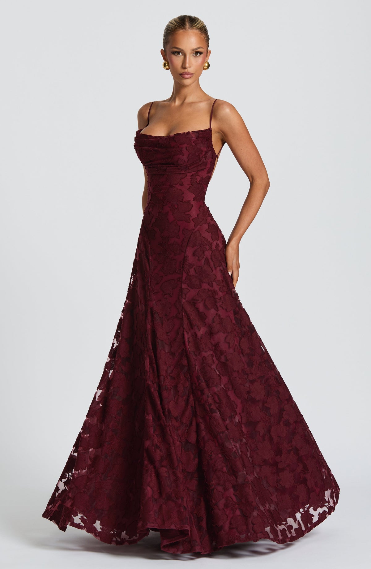 Women's Elegant Floral Evening Wedding Guest Dress with Lace-Up Back - Burgundy