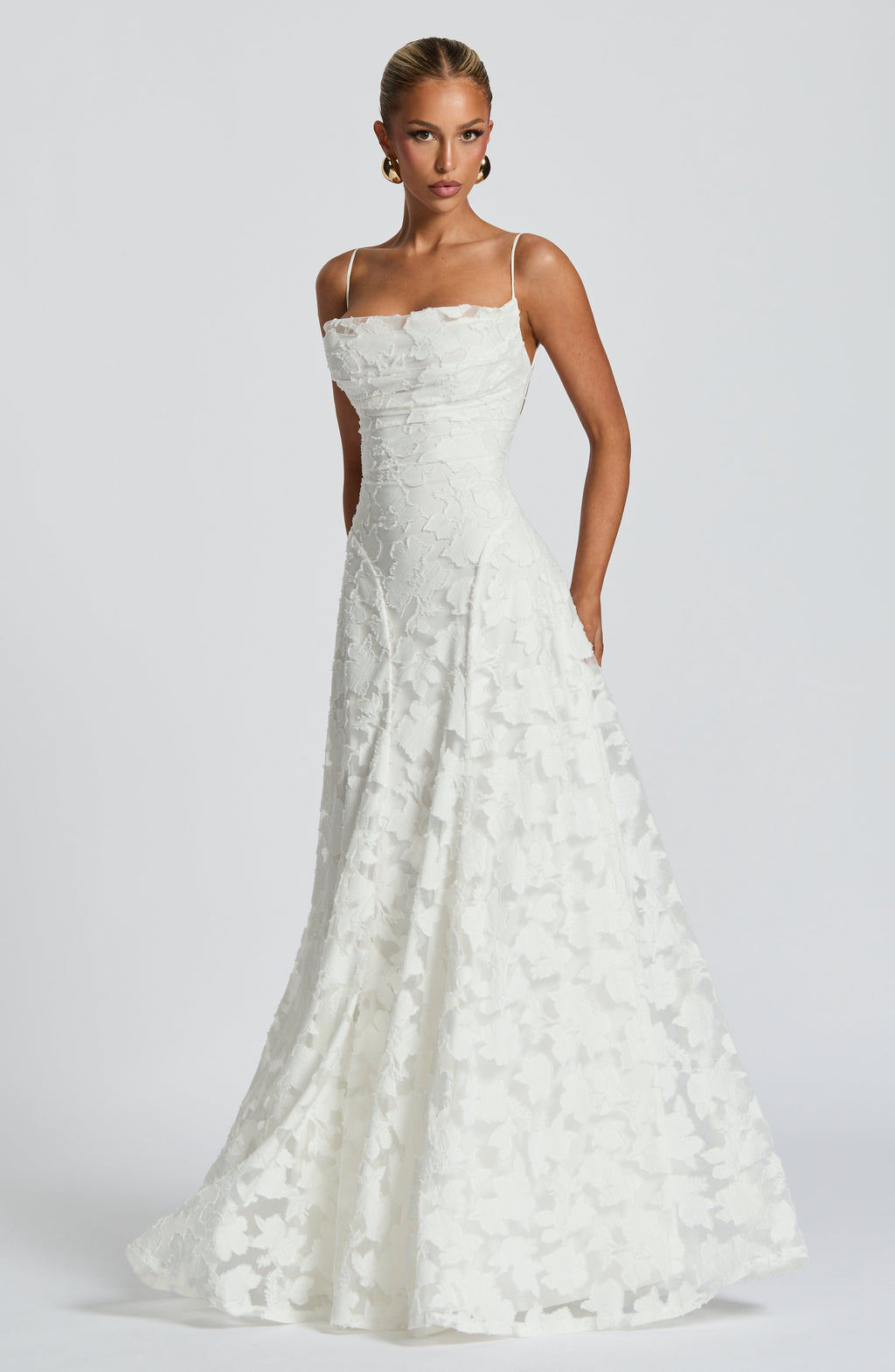 Women's Elegant Floral Evening Wedding Guest Dress with Lace-Up Back - White