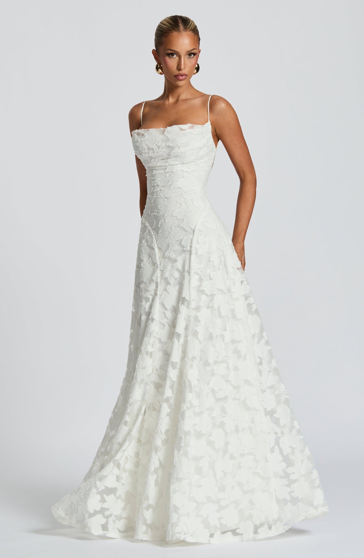 Women's Elegant Floral Evening Wedding Guest Dress with Lace-Up Back - White
