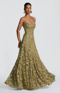 Women's Elegant Floral Evening Wedding Guest Dress with Lace-Up Back - Olive Green