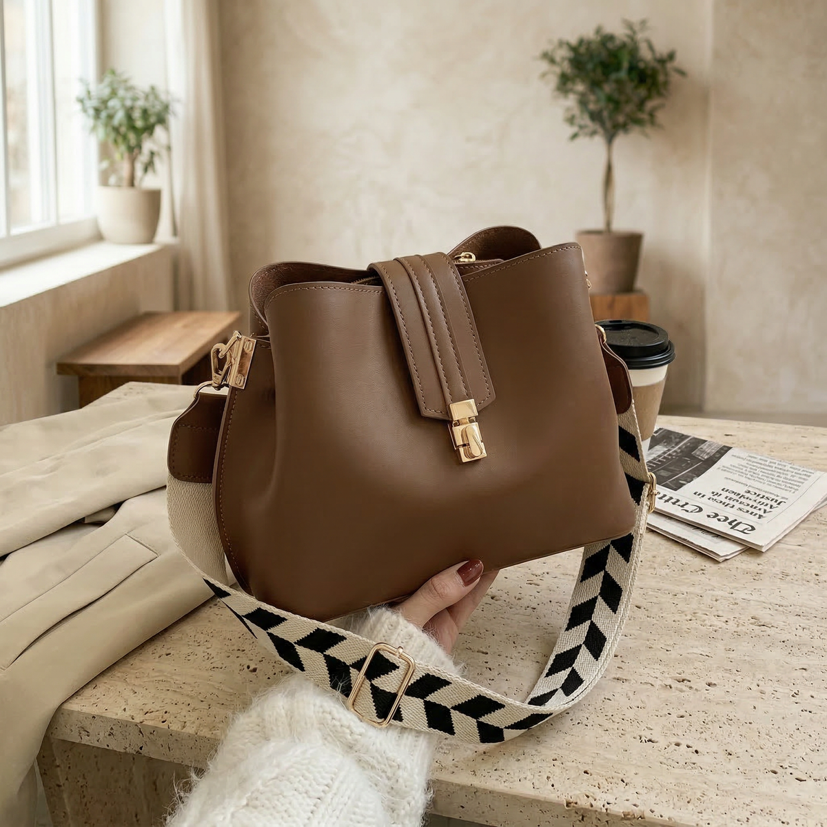 Women's Elegant Black and Brown Shoulder Bag - Brown