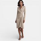 Women's Elegant V-Neck A-Line Midi Dress - Champagne