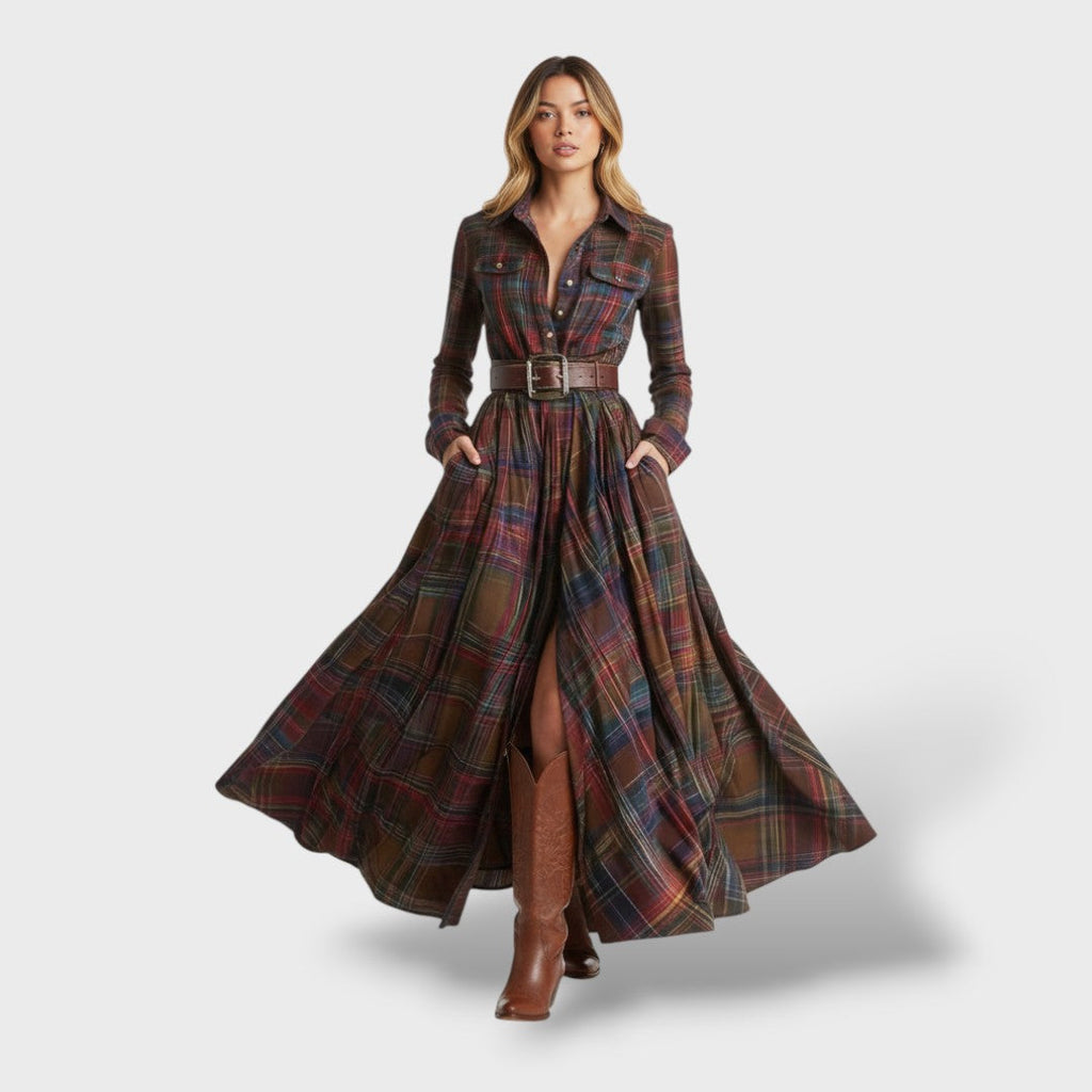 Women's Plaid Long Sleeve Shirt Dress - Red