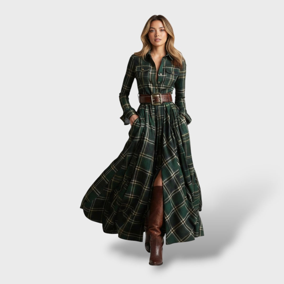 Women's Plaid Long Sleeve Shirt Dress - Green