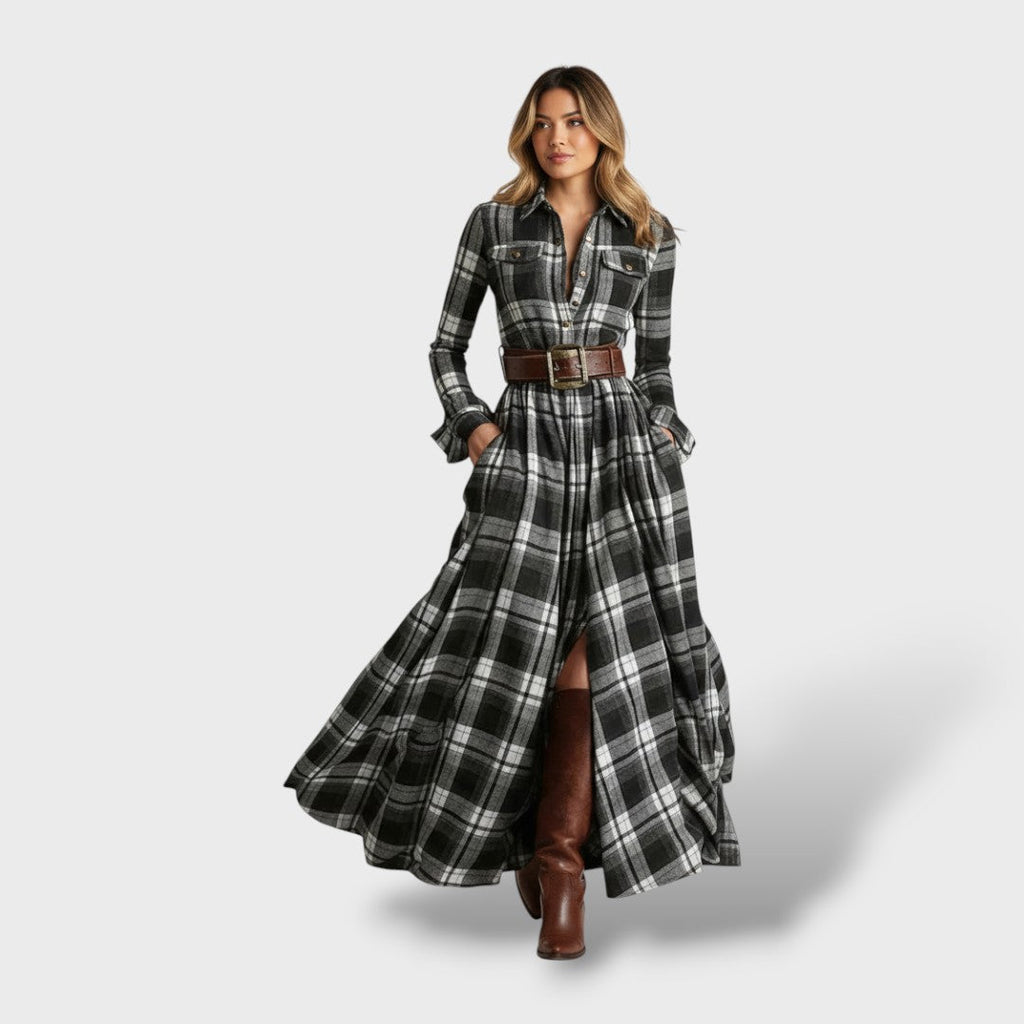 Women's Plaid Long Sleeve Shirt Dress - Black