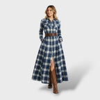 Women's Plaid Long Sleeve Shirt Dress - Blue