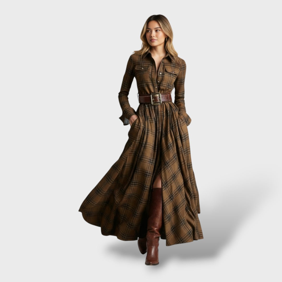 Women's Plaid Long Sleeve Shirt Dress - Brown