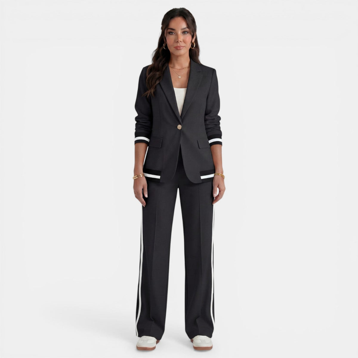 Women's Blazer and Wide-Leg Pants Set - Black