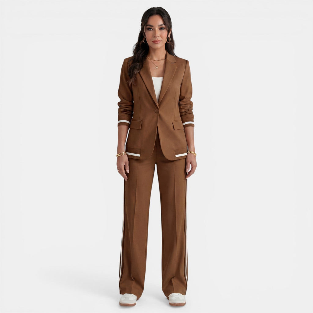 Women's Blazer and Wide-Leg Pants Set - Brown