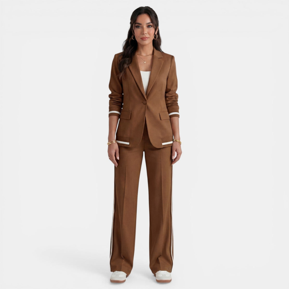 Women's Blazer and Wide-Leg Pants Set - Brown
