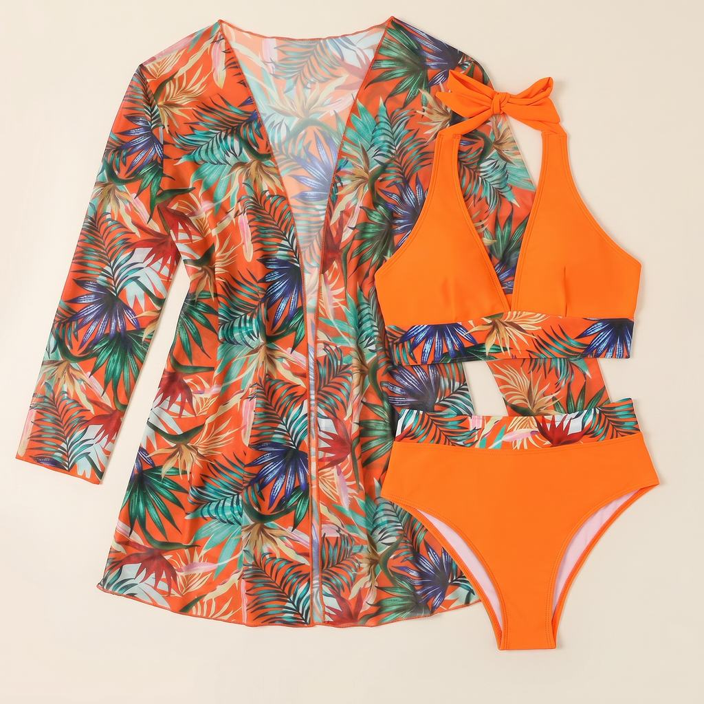 Women's Three-Piece Bikini Set - Orange