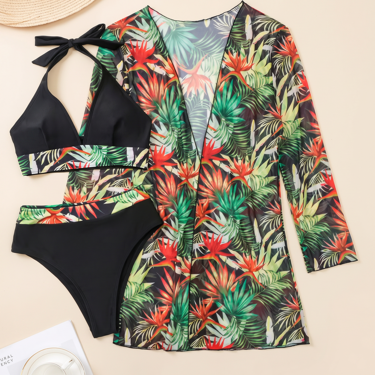 Women's Three-Piece Bikini Set - Black