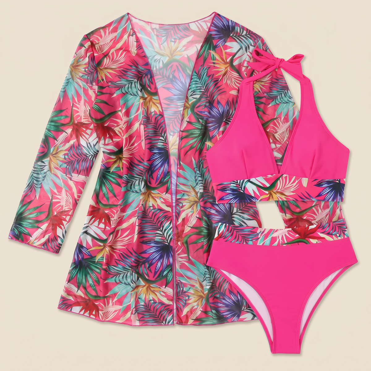 Women's Three-Piece Bikini Set - Pink