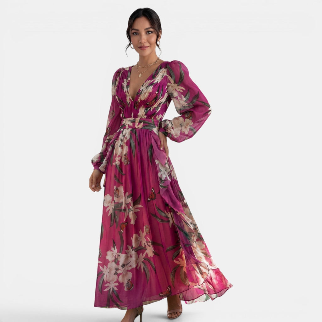Women's Floral V-Neck Maxi Dress - Pink