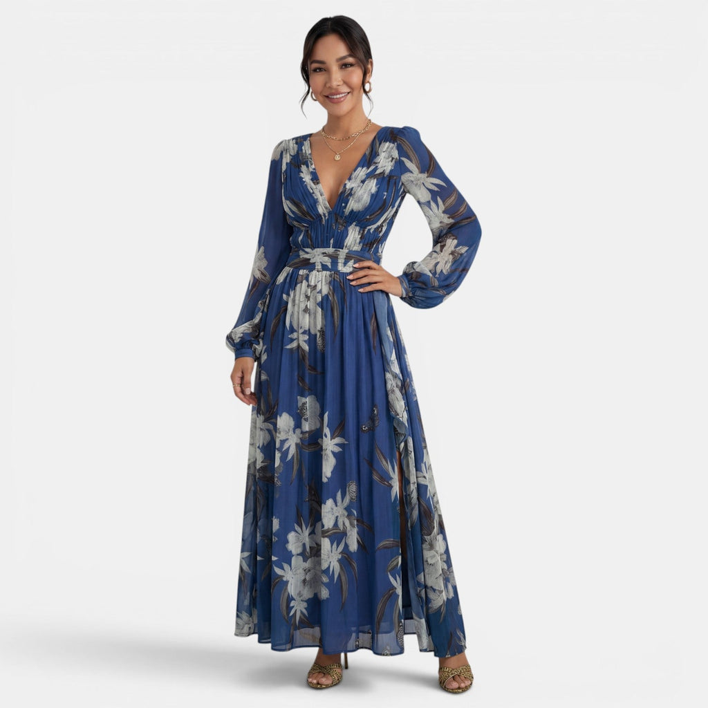 Women's Floral V-Neck Maxi Dress - Blue