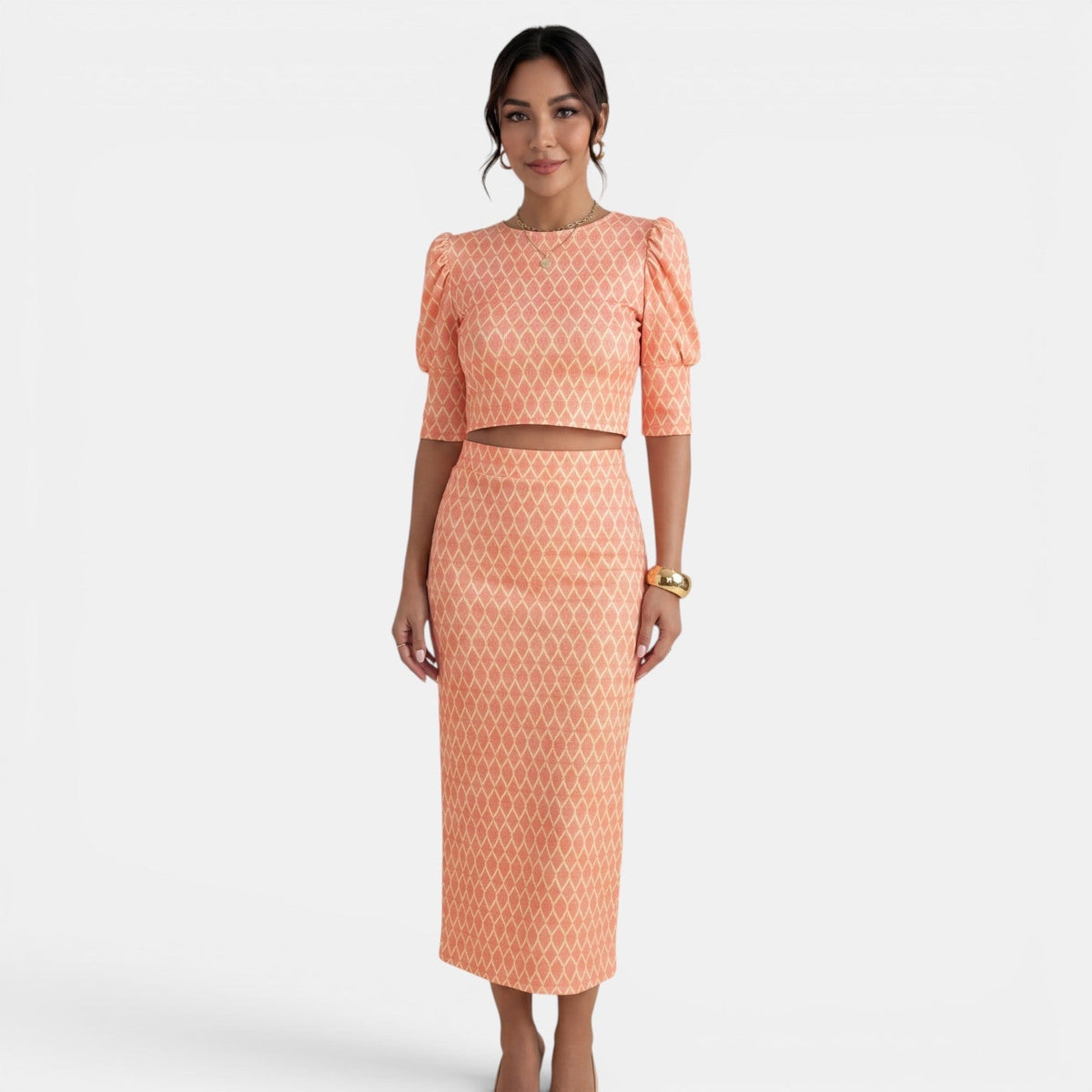 Women's Two-Piece Crop Top and Slit Skirt Set - Orange