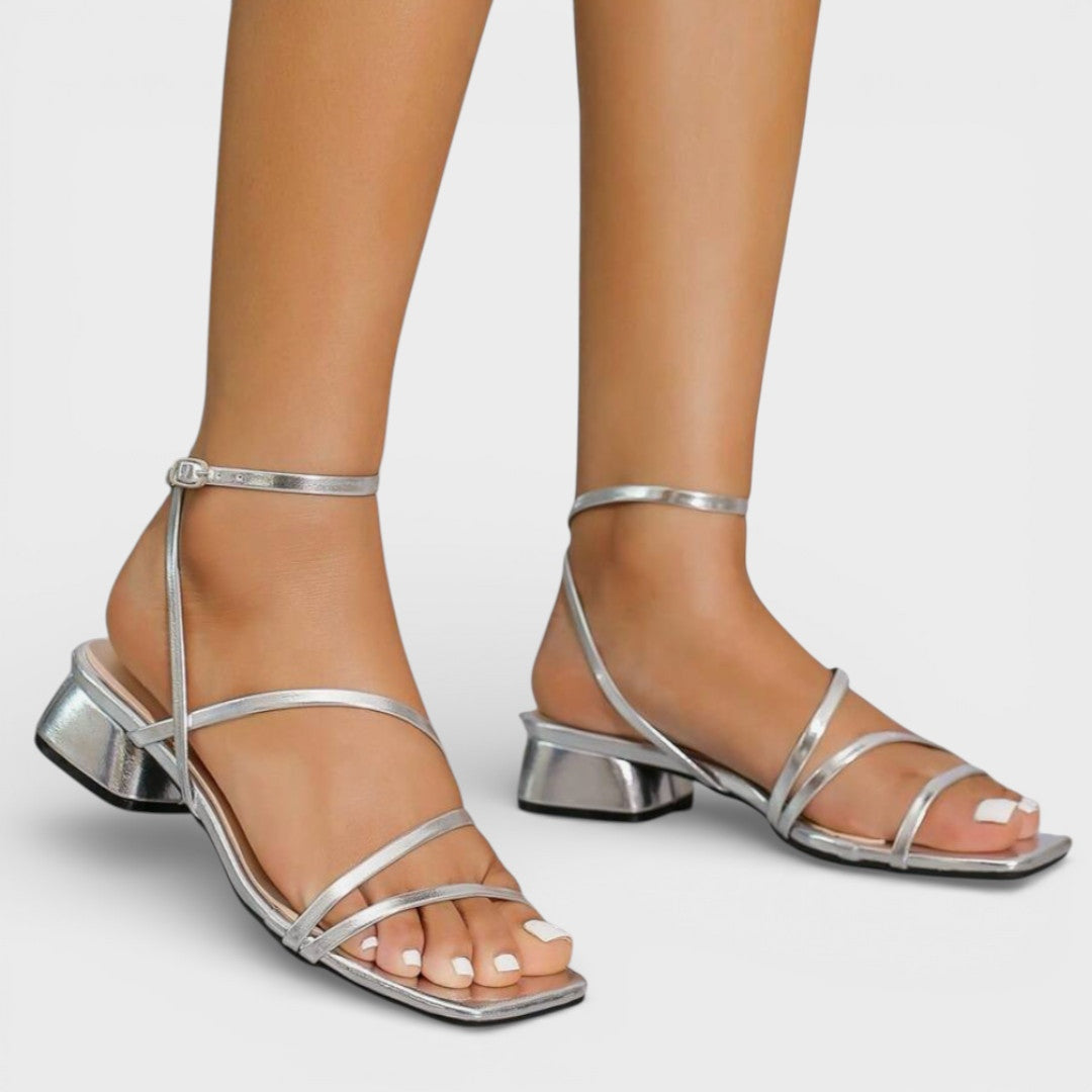 Women's Chunky Heel Criss-Cross Strap Sandals - Silver