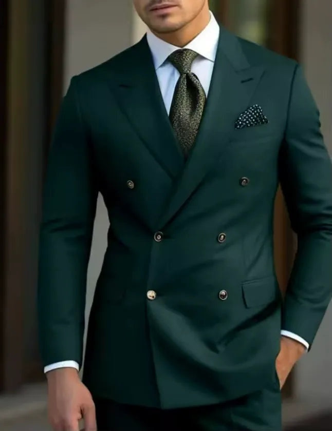 Men's Double-Breasted Peak Lapel Wedding Suit - Dark Green