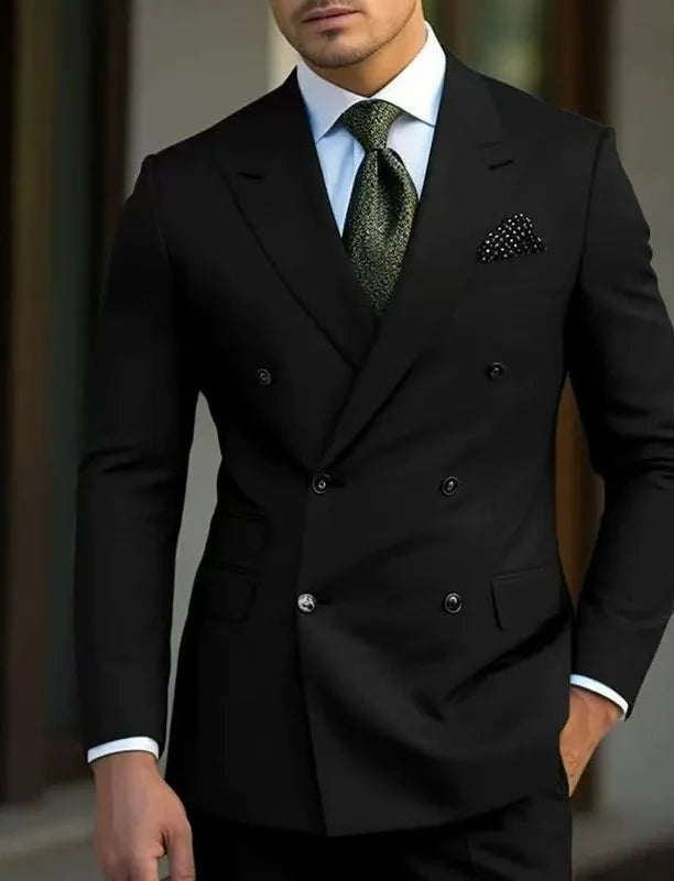 Men's Double-Breasted Peak Lapel Wedding Suit - Black
