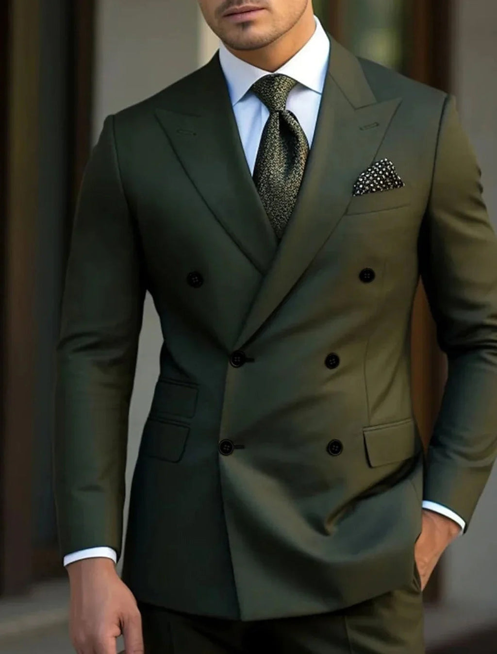 Men's Double-Breasted Peak Lapel Wedding Suit - Army Green