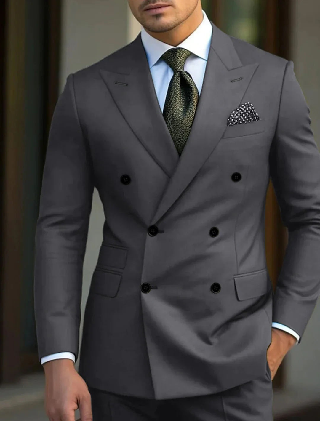 Men's Double-Breasted Peak Lapel Wedding Suit - Dark Gray